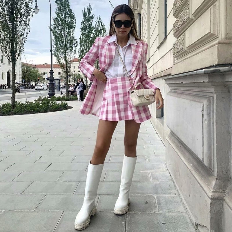 2 Piece Set Suit Blazer Women Checkered Blazer Skirt Set