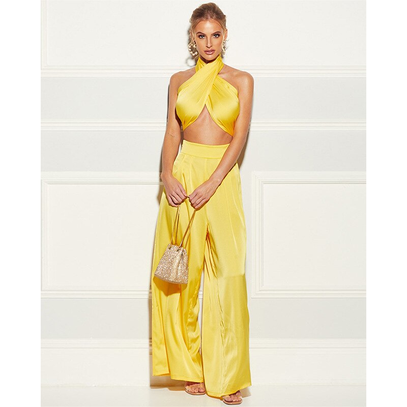 2 pcs Women Set Solid O-neck Strapless Short Tops Loose Long Pants Summer Sexy Club Outfits