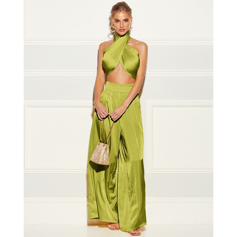 2 pcs Women Set Solid O-neck Strapless Short Tops Loose Long Pants Summer Sexy Club Outfits