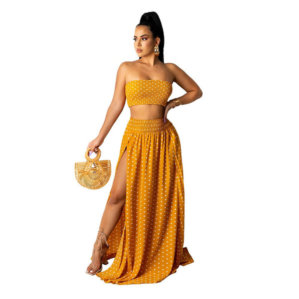 2021 High Quality New Design 2 pcs Women Set Dot Slash Neck Strapless Short Tops Maxi Dress Summer Beach Outfits