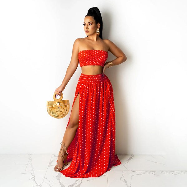 2021 High Quality New Design 2 pcs Women Set Dot Slash Neck Strapless Short Tops Maxi Dress Summer Beach Outfits