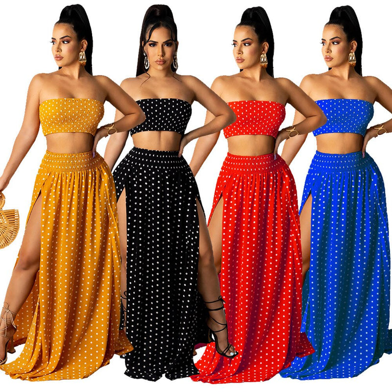 2021 High Quality New Design 2 pcs Women Set Dot Slash Neck Strapless Short Tops Maxi Dress Summer Beach Outfits