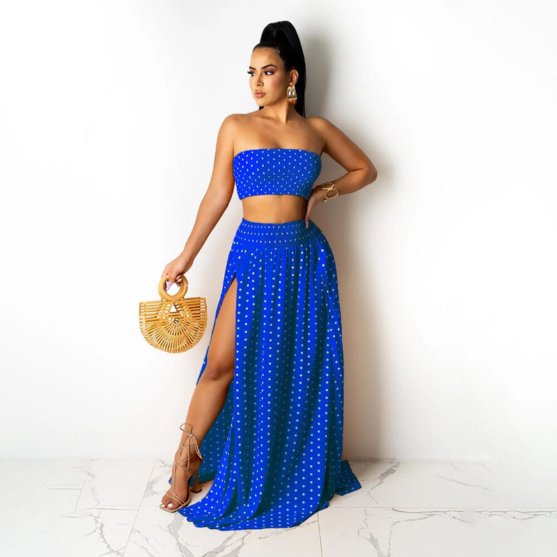 2021 High Quality New Design 2 pcs Women Set Dot Slash Neck Strapless Short Tops Maxi Dress Summer Beach Outfits