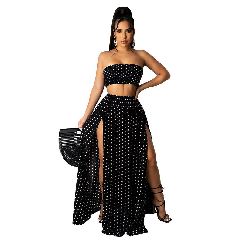 2021 High Quality New Design 2 pcs Women Set Dot Slash Neck Strapless Short Tops Maxi Dress Summer Beach Outfits