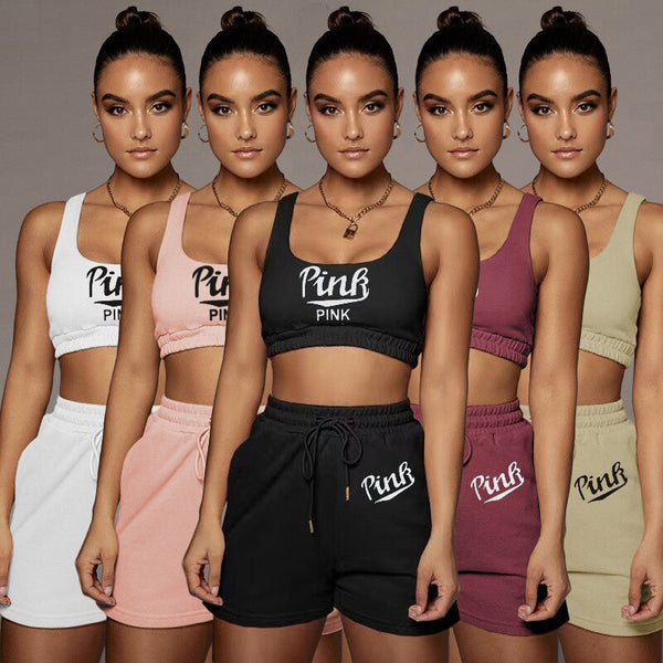 2 Pcs Women Set Letters Tank and Shorts Summer Sport Casual Outfits