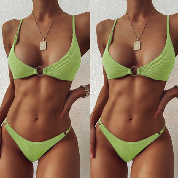 Women Swimsuit Sollid Color Pit Cloth Ring Design Sexy Bikini