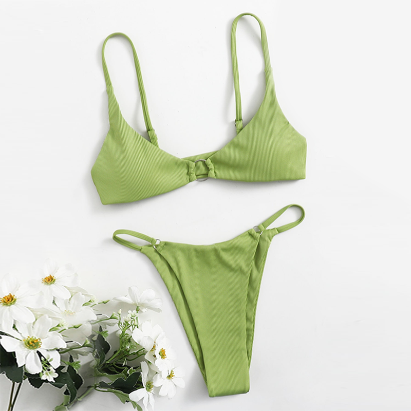 Women Swimsuit Sollid Color Pit Cloth Ring Design Sexy Bikini