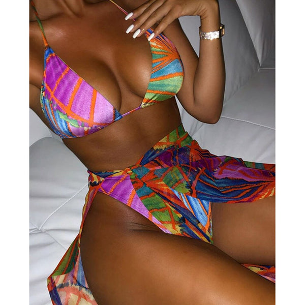 Sexy Print Bikini Set With Sarong Beach Dress Women Swimwear