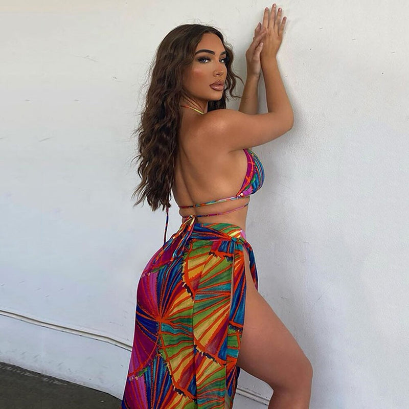 Sexy Print Bikini Set With Sarong Beach Dress Women Swimwear