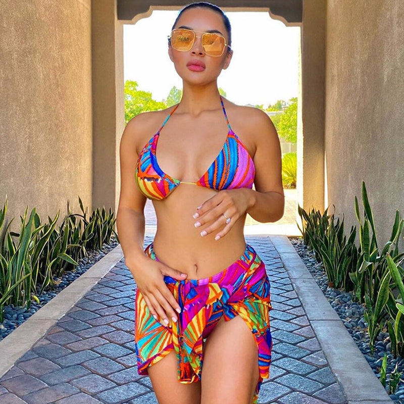 Sexy Print Bikini Set With Sarong Beach Dress Women Swimwear