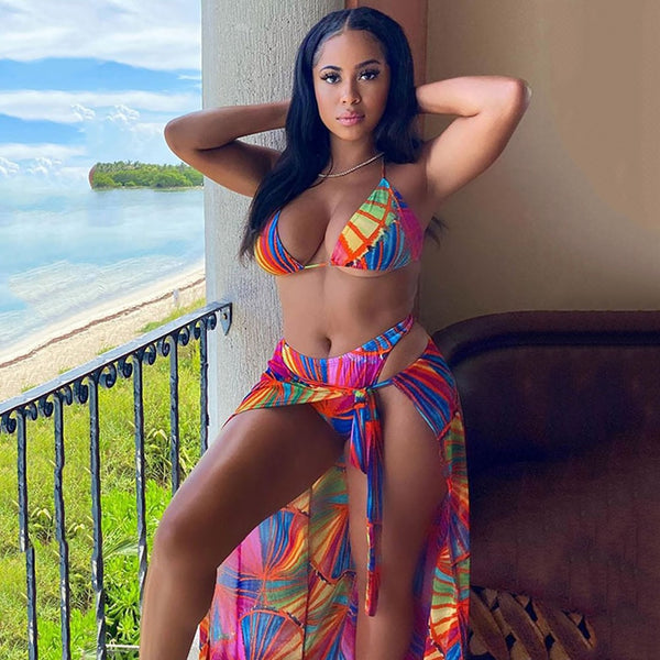 Sexy Print Bikini Set With Sarong Beach Dress Women Swimwear