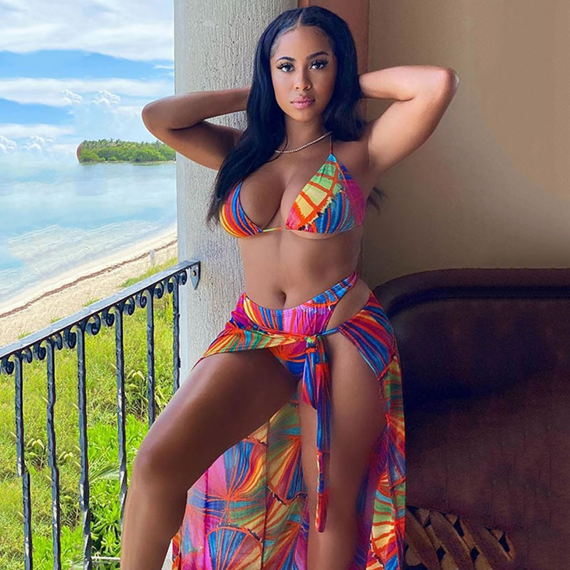 Sexy Print Bikini Set With Sarong Beach Dress Women Swimwear