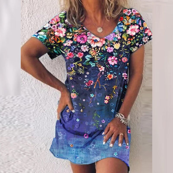 Summer Elegant Floral Print Party Dress Women Sexy V-Neck Short Sleeve Mini Dress Ladies Vintage Loose Party Dress Vestido