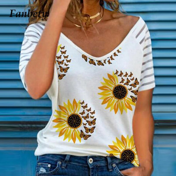 Summer Sunflower Print Blouse Shirts Women Casual Elegant Short Sleeve Pullover Tops Ladies Fashion V-Neck Streetwear Blusa