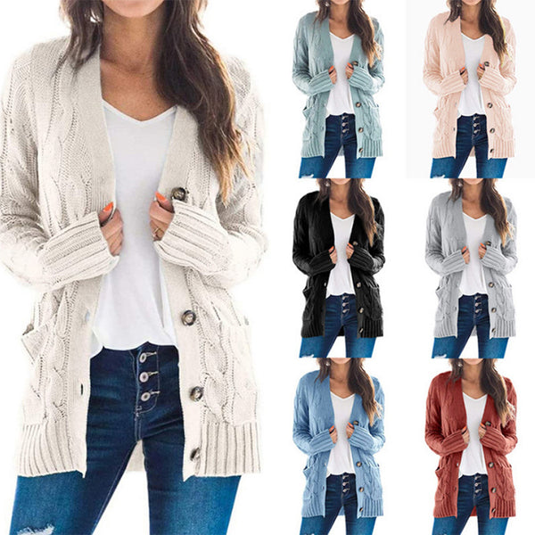 Solid Color Long Sleeve Button Sweater Coat
