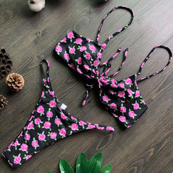 Halter Bikinis Micro Thong Swimsuit New 2 Piece Swimwear High Cut Bikini Set Print Bandage Beachwear