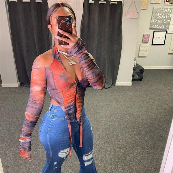 Mesh Fabric Halter Off Shoulder Stacked Goth Women Tshirts Printed V-Neck Zipper See Through Sexy Party Club Clothing Tees