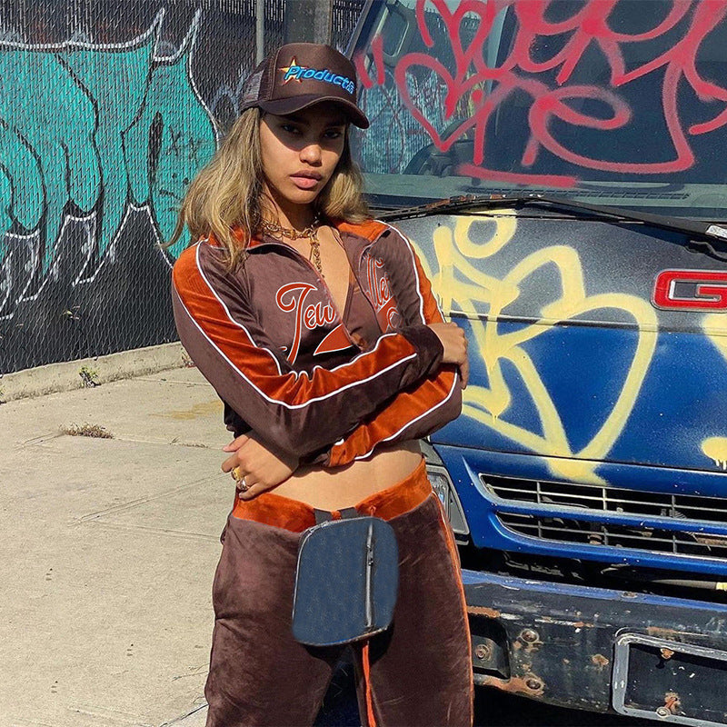 Women Tracksuit Letter Print Velvet 2 Piece Outfit Sweatshirt+Straight Sweatpants