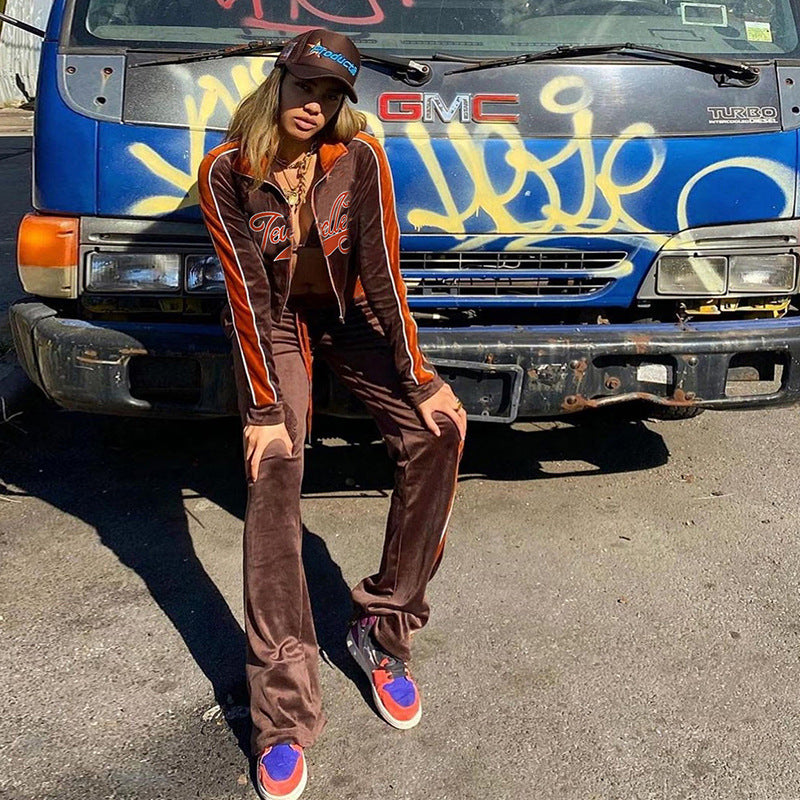 Women Tracksuit Letter Print Velvet 2 Piece Outfit Sweatshirt+Straight Sweatpants