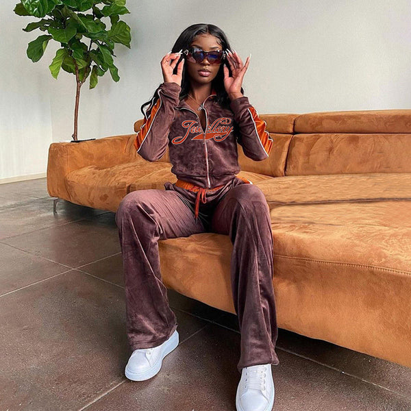 Women Tracksuit Letter Print Velvet 2 Piece Outfit Sweatshirt+Straight Sweatpants