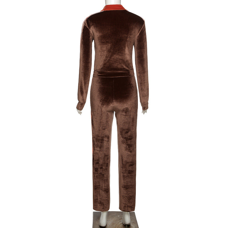 Women Tracksuit Letter Print Velvet 2 Piece Outfit Sweatshirt+Straight Sweatpants