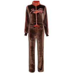 Women Tracksuit Letter Print Velvet 2 Piece Outfit Sweatshirt+Straight Sweatpants
