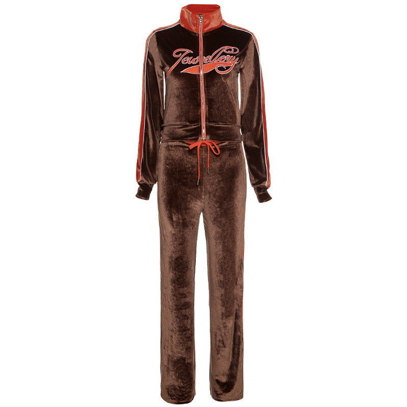 Women Tracksuit Letter Print Velvet 2 Piece Outfit Sweatshirt+Straight Sweatpants