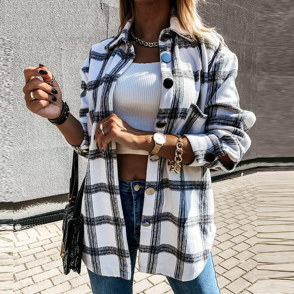 Long Sleeve Plaid Jacket Women Autumn Winter Oversized Coat