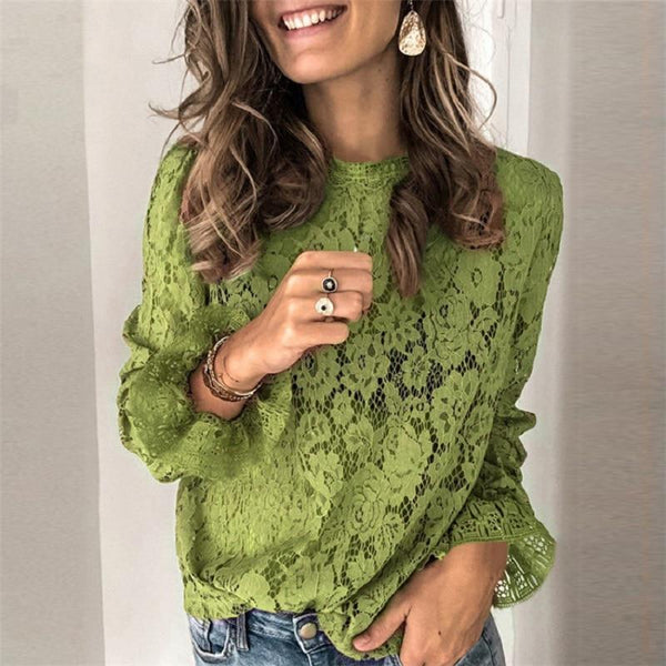 Summer Lace Crochet Flower Blouses Shirt Long Sleeve Shirt
