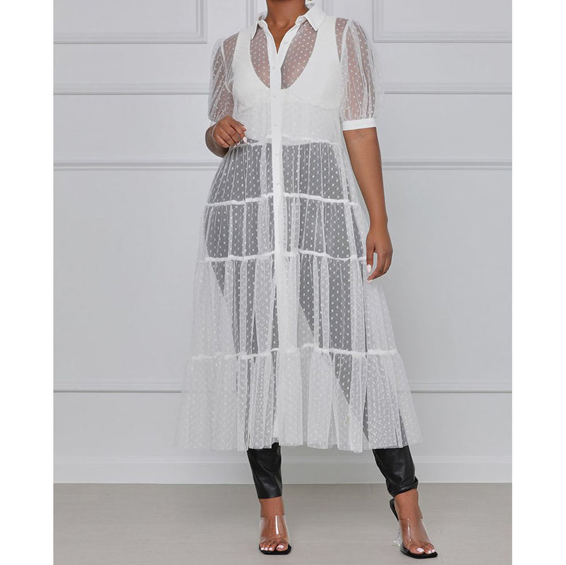 Shirt Style Button Gauze Dress Ladies Long Street Solid Color Dress Casual Home Commuting Dress