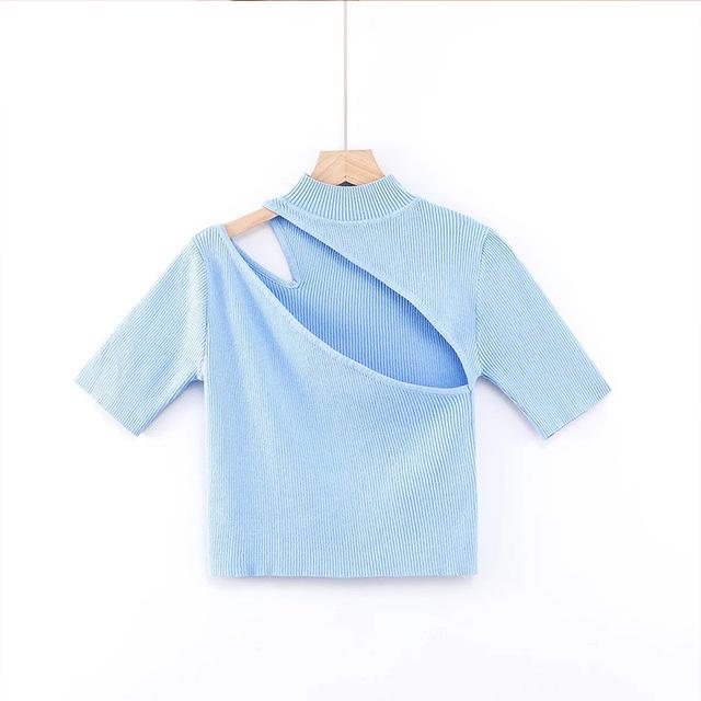 Candy Color High Neck Ribbed Knitted T-shirt