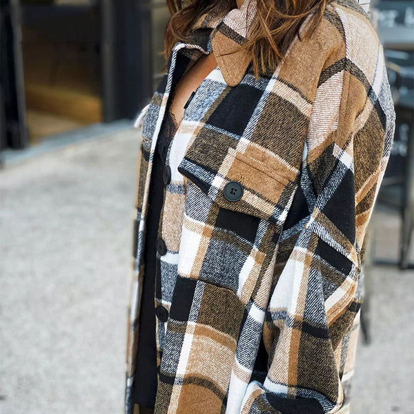 Autumn Winter Long Sleeve Plaid Coat Woolen Oversized Loose Long Jacket