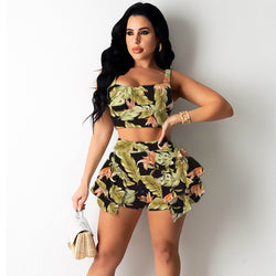 2 pcs Women Set Print Spaghetti Strap Short Tops and Shorts Summer Beach Outfits