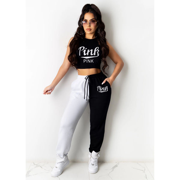 2 pcs Tracksuits Women Set Patchwork O-neck Short Tops Long Pants Elastic Outfits