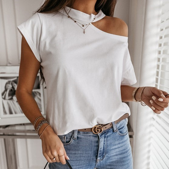 Solid Halter Short Sleeve Tops Blouse