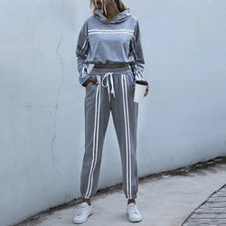 Casual Hooded Sweatshirt Striped Lace Up Sports Suit
