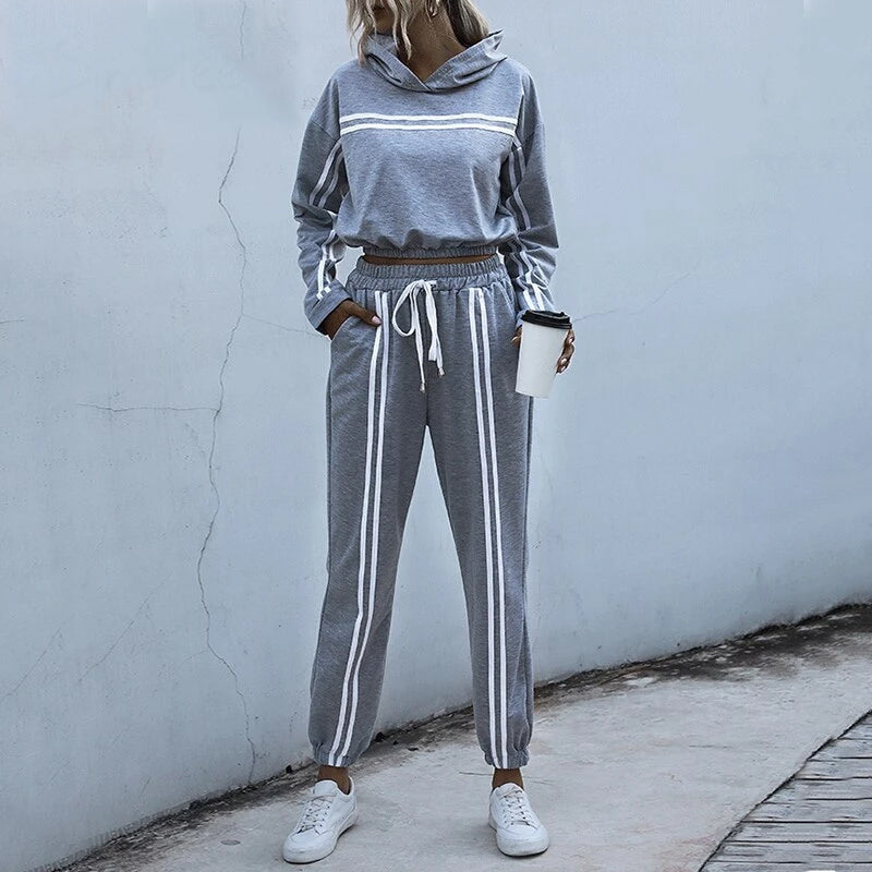 Casual Hooded Sweatshirt Striped Lace Up Sports Suit
