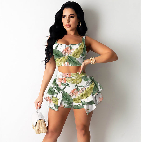 2 pcs Women Set Print Spaghetti Strap Short Tops and Shorts Summer Beach Outfits