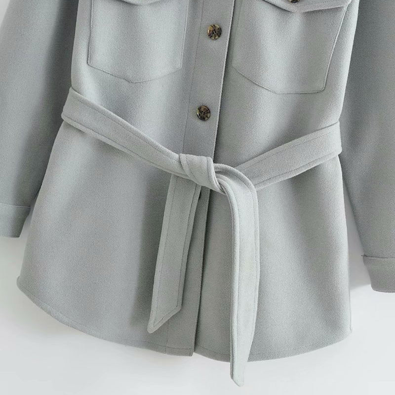 Single-breasted Shirt Jacket Coat with Sashes