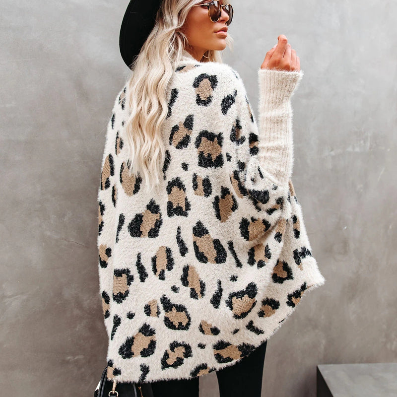 Women Leopard Knitted Cardigan Sweater Coat