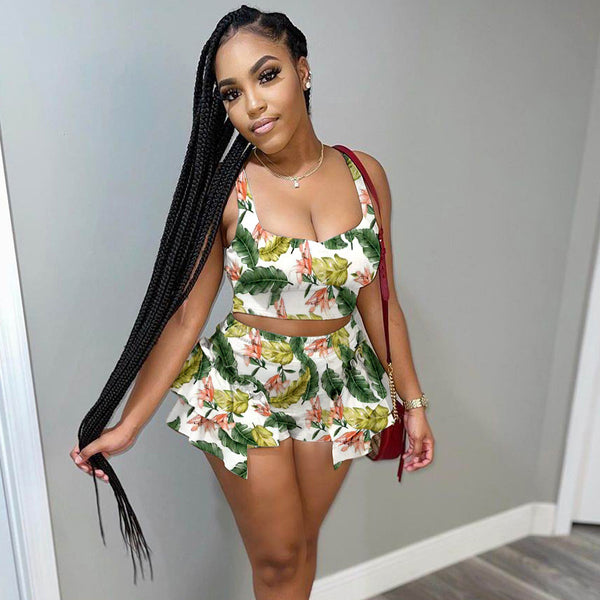 2 pcs Women Set Print Spaghetti Strap Short Tops and Shorts Summer Beach Outfits