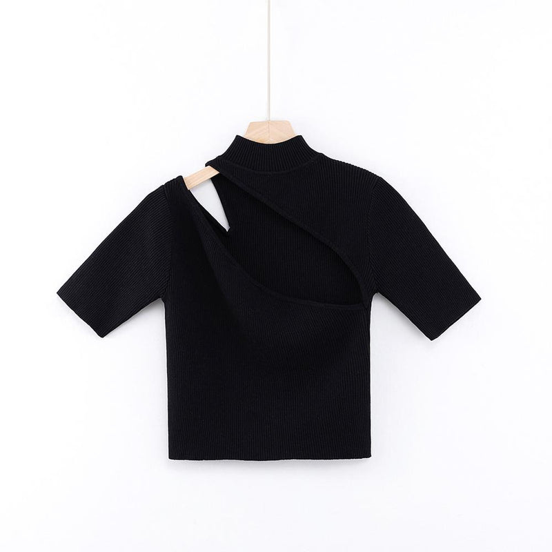 Candy Color High Neck Ribbed Knitted T-shirt