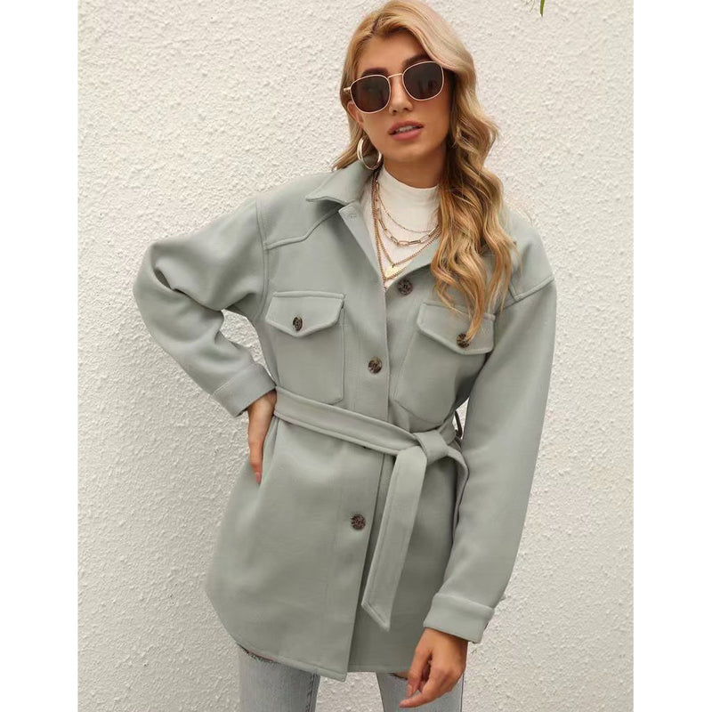 Single-breasted Shirt Jacket Coat with Sashes
