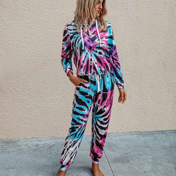 Women Set Tie Dye Long Sleeve Top Shirt O Neck And Pants Tracksuit Two Piece Set