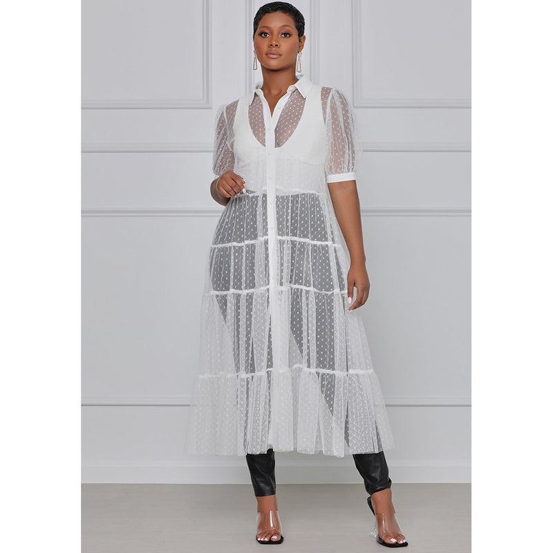 Shirt Style Button Gauze Dress Ladies Long Street Solid Color Dress Casual Home Commuting Dress