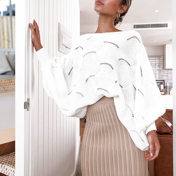Women Loose Pullovers Lantern Sleeve Jumpers White Sweater