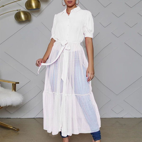 Autumn Office Stand Collar Shirt Mesh Dress