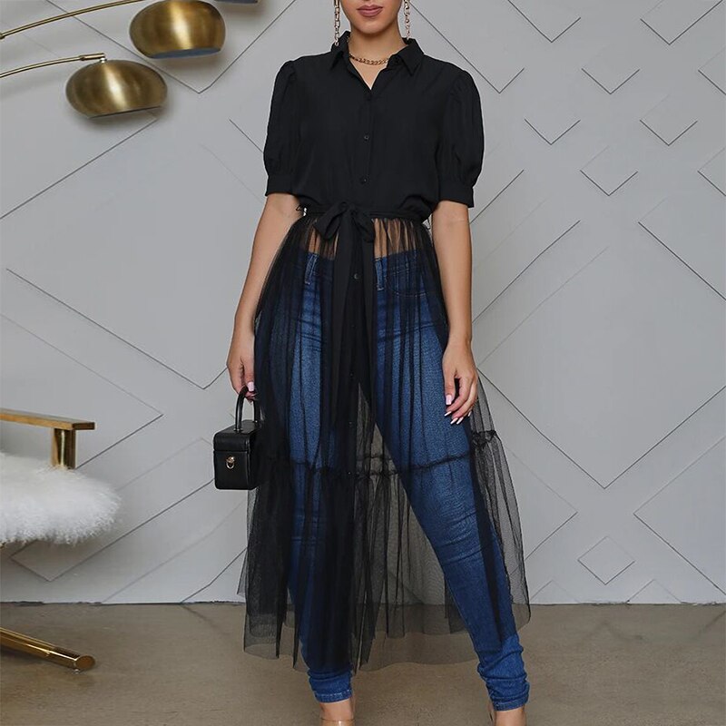 Autumn Office Stand Collar Shirt Mesh Dress