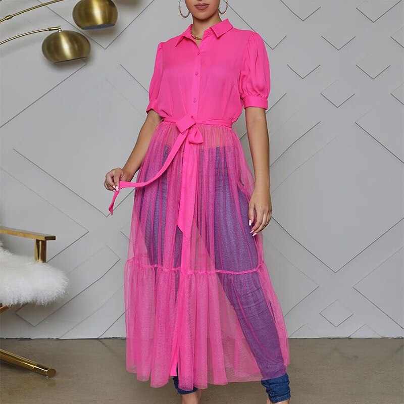 Autumn Office Stand Collar Shirt Mesh Dress