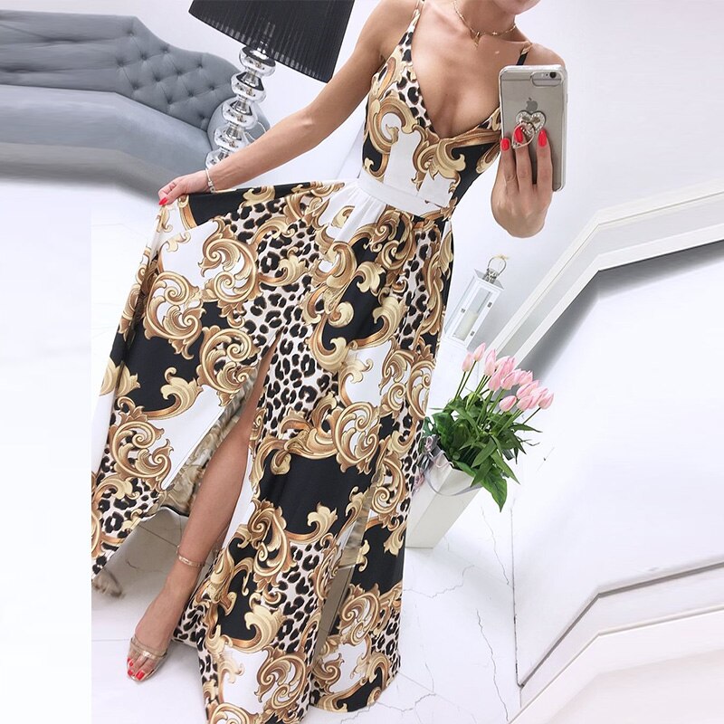 Casual Retro Leopard Floral Print Long Party Dress